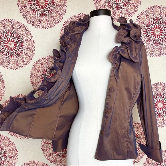 Samuel Dong Brown Ruffled Stretch Jacket Size M 8 - Picture 5 of 11